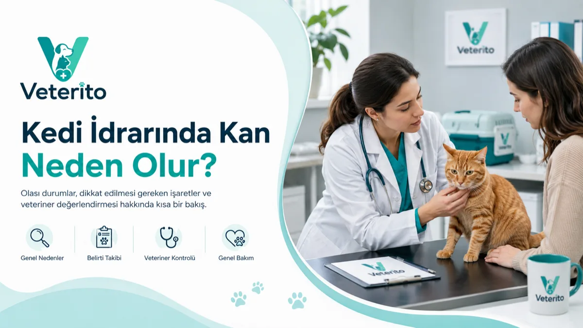 Kedilerde idrarda kan konulu yazının kapak görseli; kum kabında kanlı idrar, zorlanma ve acil başvuru ölçütleri