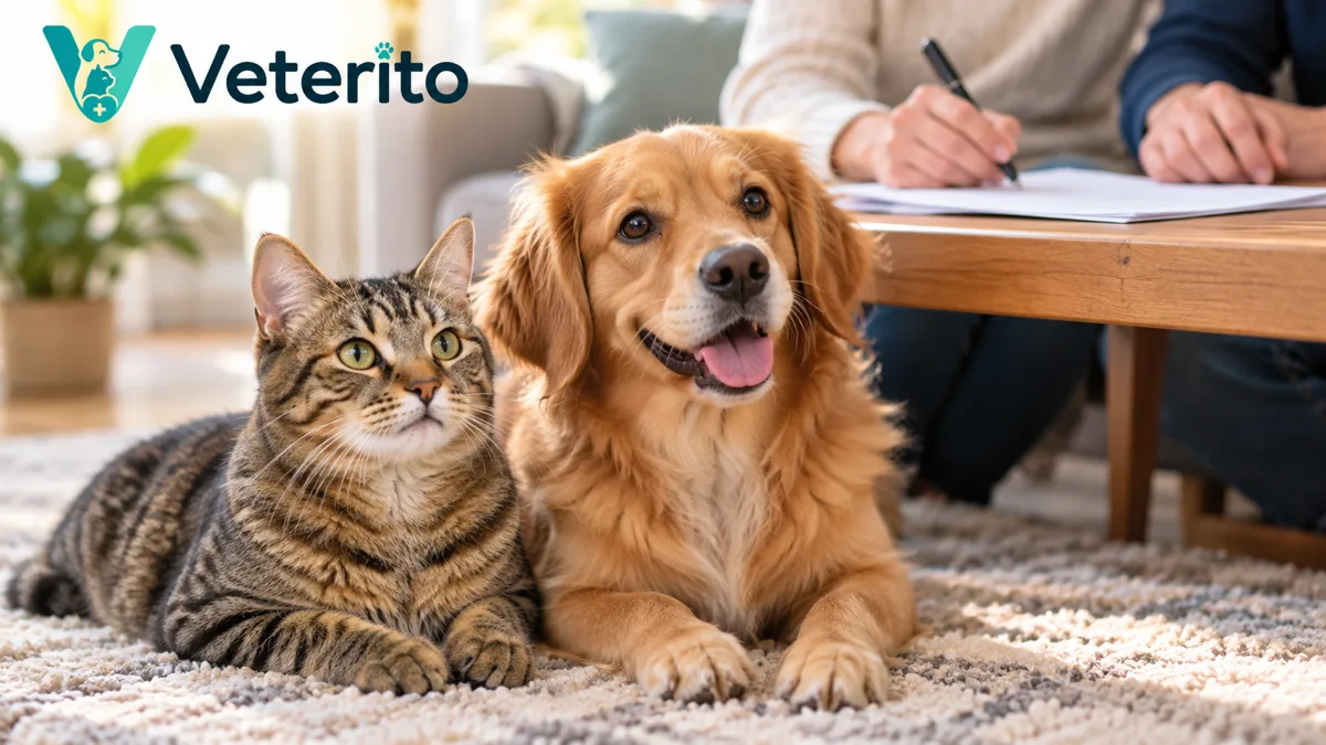 Kedi ve köpek satışı kurallarını anlatan yazının kapak görseli; masada belge dolduran iki kişinin önünde halıda yan yana uzanan bir tekir kedi ve bir golden retriever