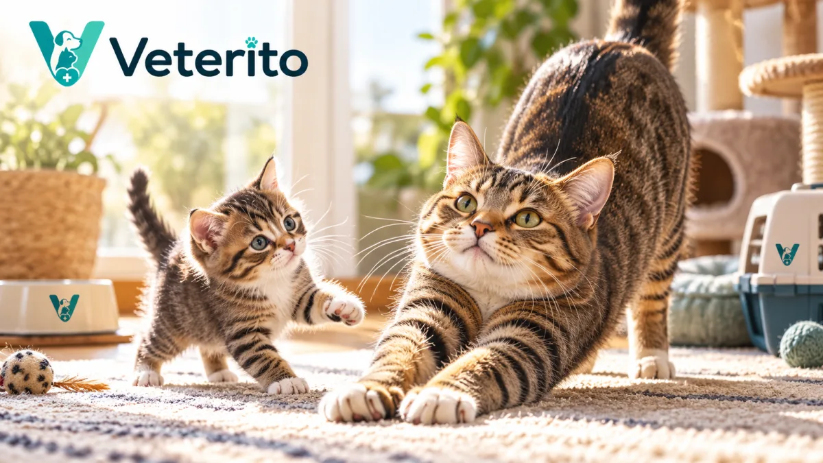 Halıda gerinen yetişkin kedi ve yanında oynayan yavru kedi