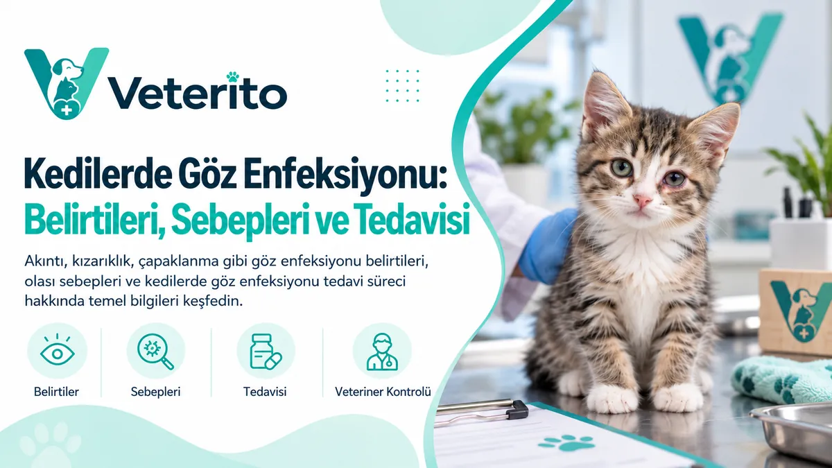Muayene masasında gözü kızarık ve sulanan tekir yavru kedi, yanında veteriner hekimin eldivenli eli