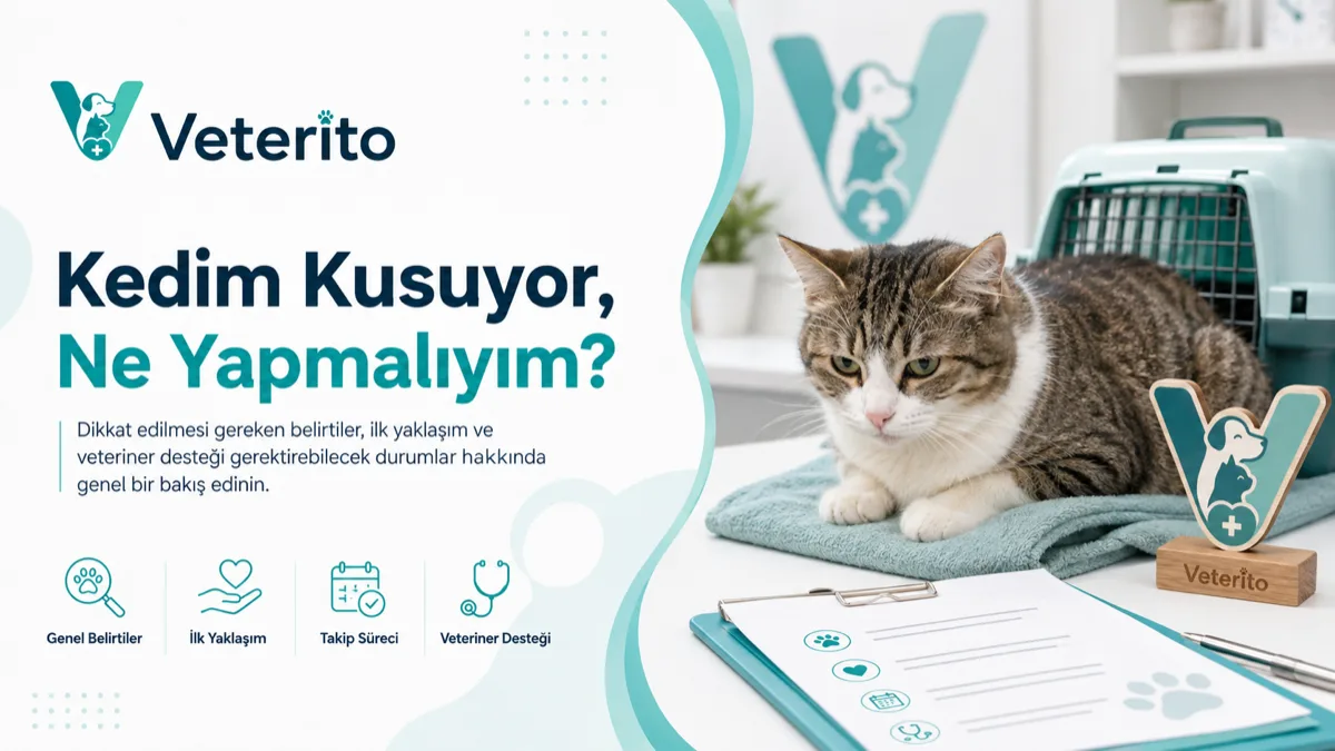 Kedilerde kusma konulu yazının kapak görseli; kusma sıklığı, kırmızı bayraklar ve veterinere başvuru zamanı