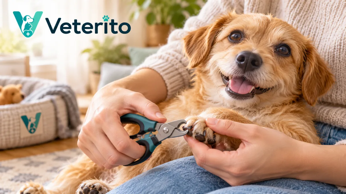 Köpeğin patisindeki tırnağı makasla kesen eller