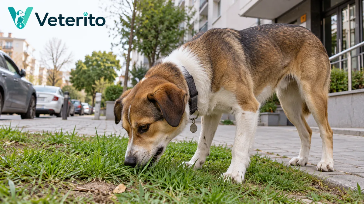 Köpekler neden ot yer konulu yazının kapak görseli; şehirde kaldırım kenarındaki çimenlikte otları koklayıp yiyen bir köpek