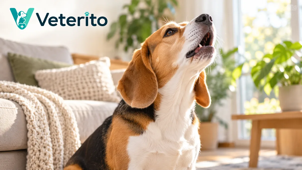 Köpekler neden ulur konulu yazının kapak görseli; salonda başını yukarı kaldırıp uluyan bir beagle