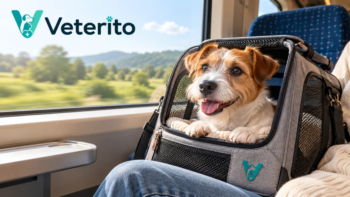 Tren penceresinin önünde taşıma çantasından başını çıkaran köpek