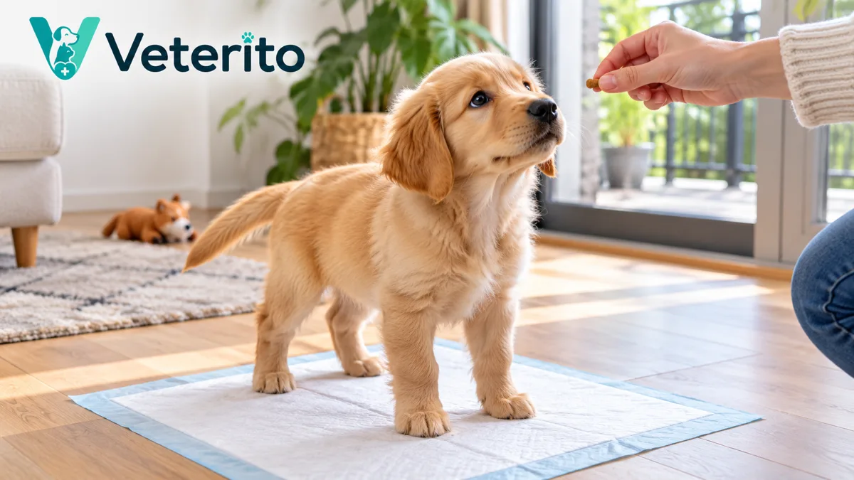 Yavru köpeğe tuvalet eğitimi konulu yazının kapak görseli; evde çiş pedinin üzerinde durup sahibinin uzattığı ödüle bakan golden retriever yavrusu